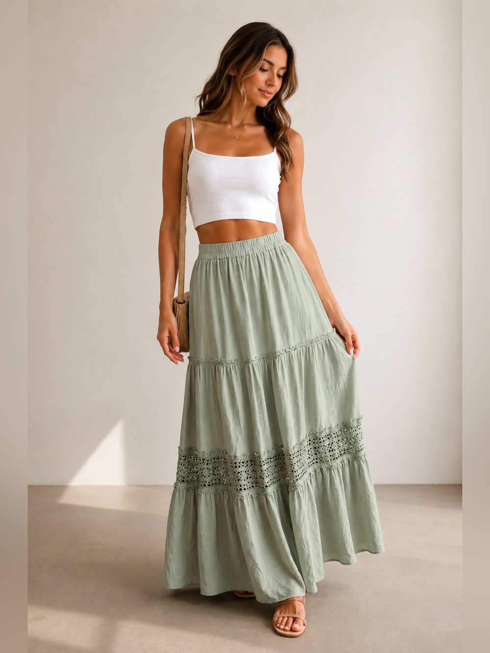 NWT Sage Green Tiered Boho Cottagecore Maxi Skirt Cotton Eyelet Size‎ Small